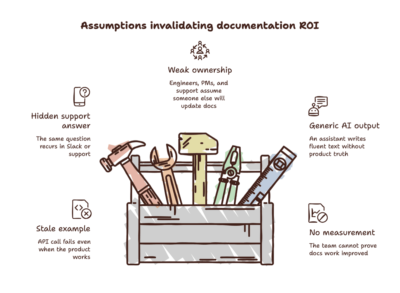 Toolbox illustration labeled Assumptions invalidating documentation ROI, listing hidden support answers, weak ownership, generic AI output, stale examples, and no measurement